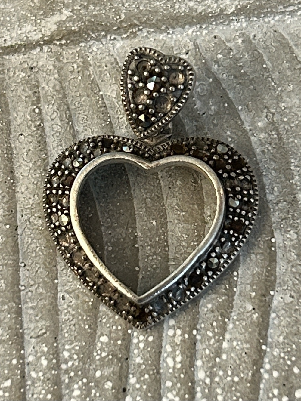Heart-Shaped Marcasite Pendant in Metallic Gray Sterling Silver - Antique-Style